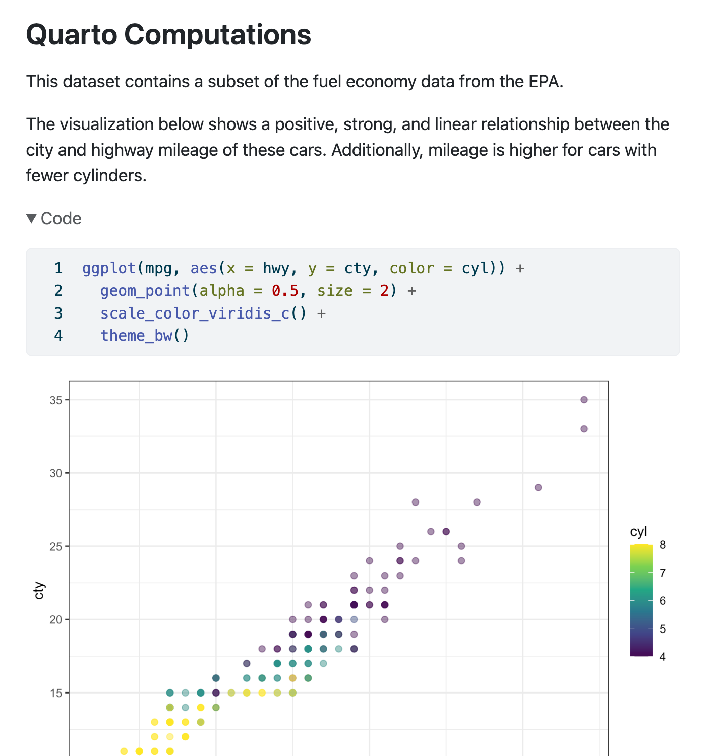 Part of a rendered Quarto document with the title Quarto Computations. The document contains a code cell that has been expanded and shows line numbers.